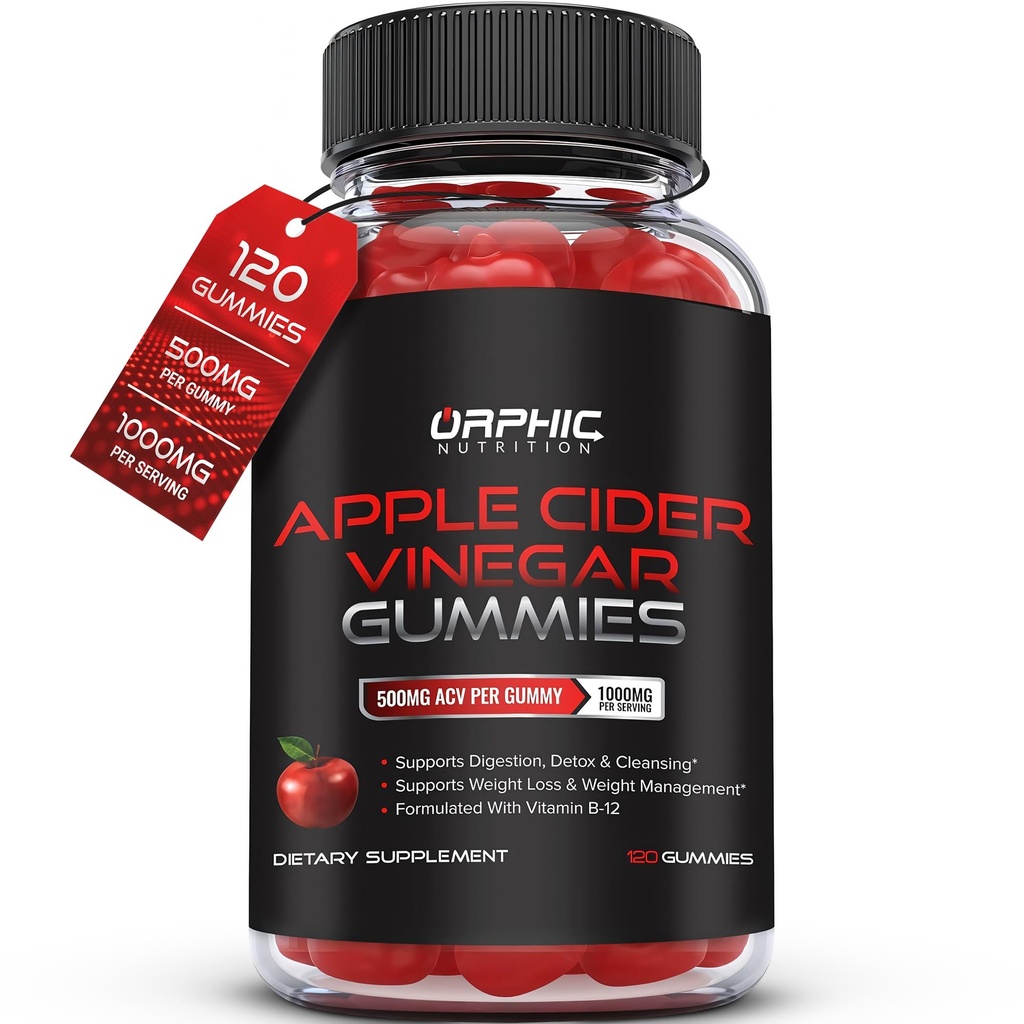 ORPHIC NUTRITION Apple Cider Vinegar Gummies - 1000 mg - ACV Kilo Kayıp Gummies - Destekler Digestion, Detox & Cleansing - VIT B12, Beetroot - Gomitas de Vinagre de Manzana (120 adet)