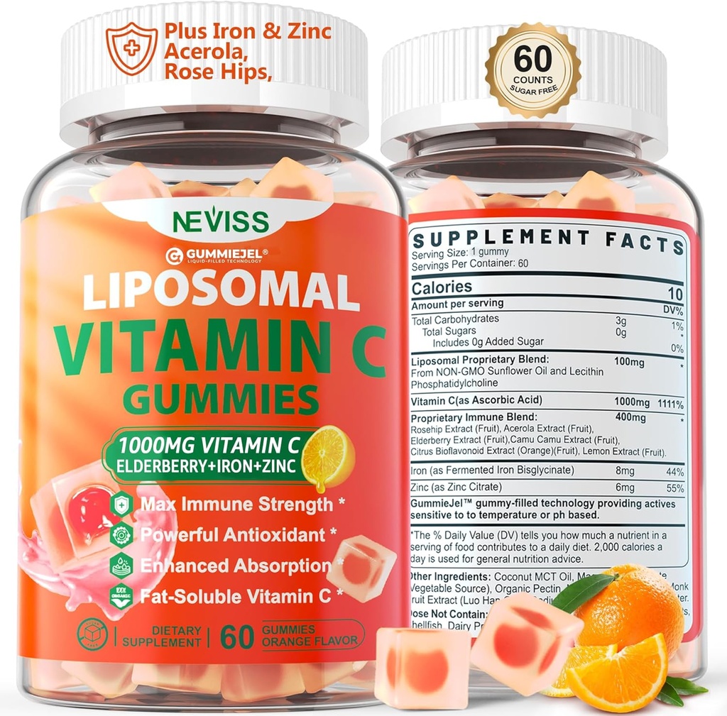Yetişkinler için Liposomal Vitamin C 1000 mg Gummies - Vitamin C Chewable 1500 mg 8 mg Iron, çinko & Elderberry - Immune Support, Immune ATM Tamam - Enerji için, Collagen