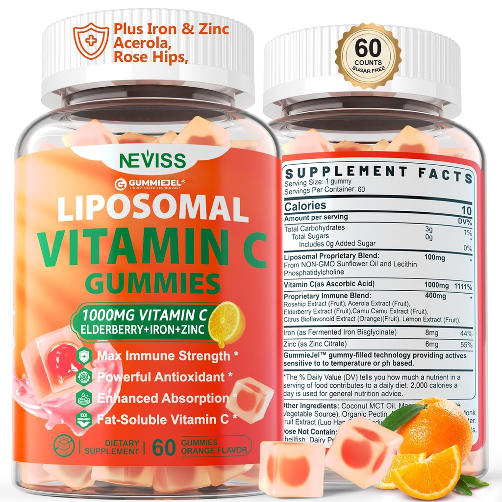 Yetişkinler için Liposomal Vitamin C 1000 mg Gummies - Vitamin C Chewable 1500 mg 8 mg Iron, çinko & Elderberry - Immune Support, Immune ATM Tamam - Enerji için, Collagen