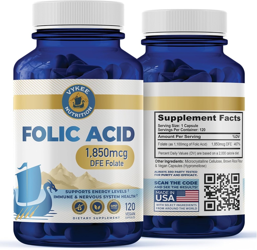 Folic Acid Supplement – Yüksek Lisans Vitamini B9 1,870 mg DFE Folate, 1,100 mg Folic Asit | Vegan, Non-GMO | Destekler Hücre Sağlığı, Enerji Üretimi ve Prenatal Sağlık | 120 Capsules