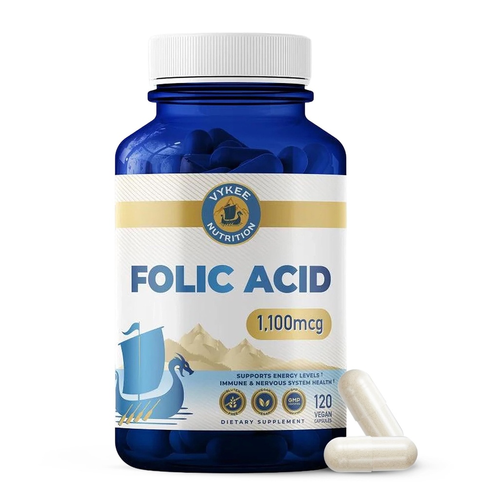 Folic Acid Supplement – Yüksek Lisans Vitamini B9 1,870 mg DFE Folate, 1,100 mg Folic Asit | Vegan, Non-GMO | Destekler Hücre Sağlığı, Enerji Üretimi ve Prenatal Sağlık | 120 Capsules