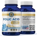 Folic Acid Supplement – Yüksek Lisans Vitamini B9 1,870 mg DFE Folate, 1,100 mg Folic Asit | Vegan, Non-GMO | Destekler Hücre Sağlığı, Enerji Üretimi ve Prenatal Sağlık | 120 Capsules