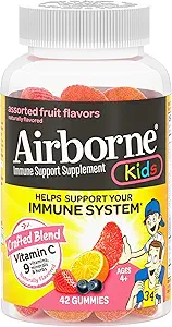 Airborne C 500 mg (per service) Kids Assorted Fruit Flavored Gummies 42 Şişede Kont), Gluten-Free Immune Support Supplement with Vitamins A C E, Selenium, Echinacea & Ginger