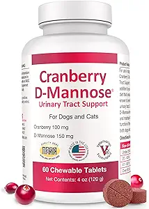 Cranberry D-Mannose Urinary Tract Supplement for Dogs & Cats – Bladder & UTI Health Support – Cranberry Extract, D-Mannose & C-Promotes Urinary Wellness & Kidney Function – 60 Chewable Tabletler