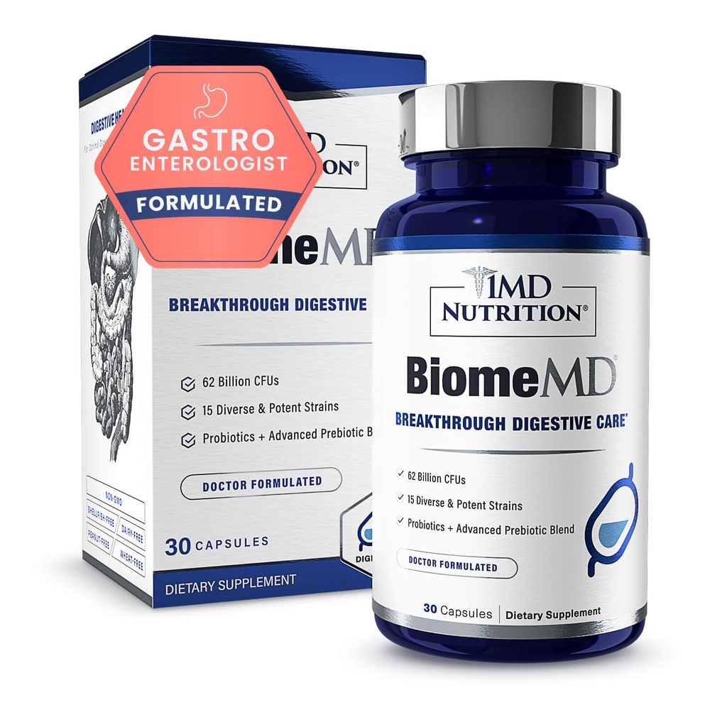 1MD Beslenme BiyomeMD Probiyotikleri | 62 Milyar CFUs, 15 Kapsamlı Strains - Pro & Prebiyotiks | Doktor-Formated for Digestive Health & Immune Support | 30 Capsules