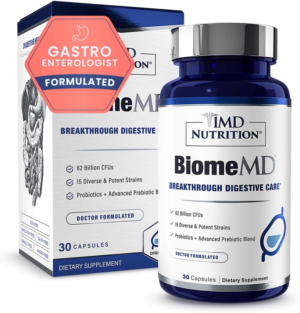 1MD Beslenme BiyomeMD Probiyotikleri | 62 Milyar CFUs, 15 Kapsamlı Strains - Pro & Prebiyotiks | Doktor-Formated for Digestive Health & Immune Support | 30 Capsules