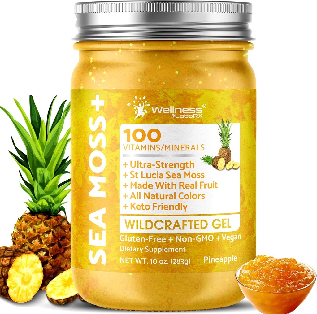 WELLNESS LABSRX Irish Sea Moss Gel Raw - Wildcrafted Superfood Seamoss Gel - Pineapple Flavor, Vitamin and Mineral-Rich from Pristine Caribbean Waters, Immune and Digestive Health Support - 10 oz.