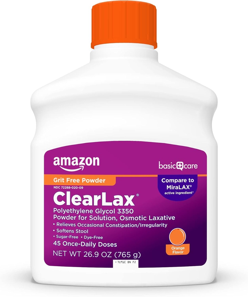 Basic Care ClearLax, Laxative Powder for Gentle Constipation Relief, Softens Stool, Polyethylene Glycol 3350, Orange Flavor, 1,68 λίβρα (Pack of 1)
