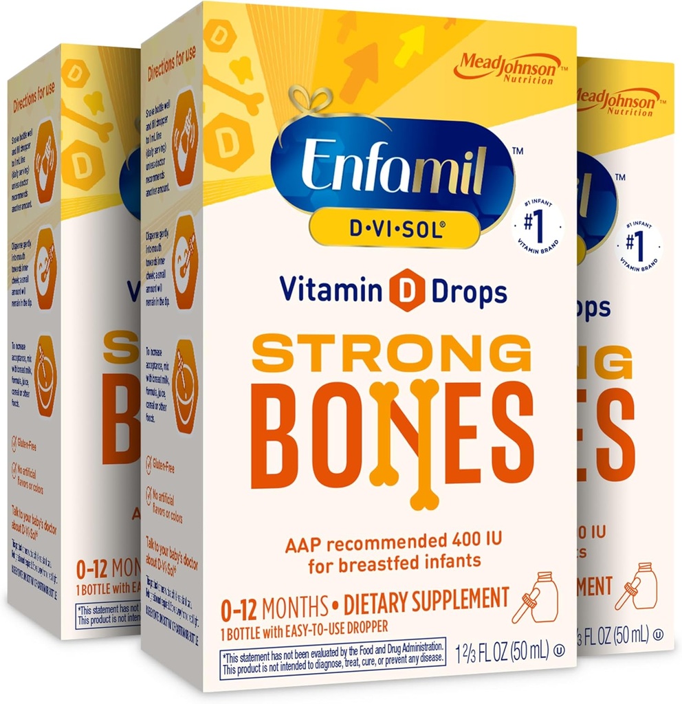 Enfamil Baby Vitamin D-Vi-Sol Vitamin D Liquid Supplement Σταγόνες για Βρέφη, Υποστήριξη για Ισχυρά Δόντια & οστά σε Νεογέννητα Μωρά, Εύκολη στη Χρήση, Χωρίς Γλουτένη, Φιάλη Σταγονόμετρο 50 mL, Συσκευασία των 3