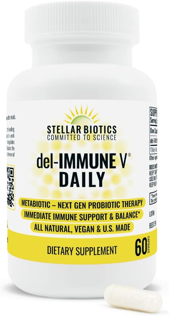 Del-Immune V Daily by Stellar Biotics, All- Natural Immune Support & Gut Health, Immediate Care, Metabiyotik: NextGen Probiyotik Terapi (60 Caps)