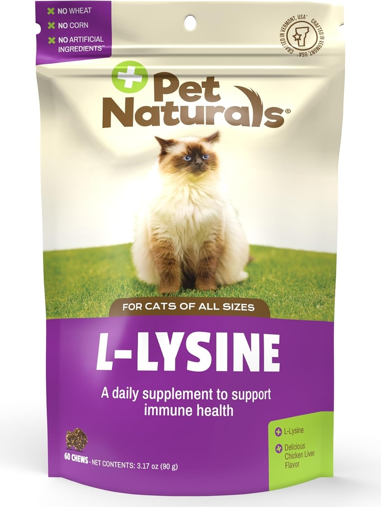 Pet Naturals Lysine για γάτες, κοτόπουλο άρωμα, 60 μάσημα - ανοσοποιητική και αναπνευστική υποστήριξη για γάτες - Χωρίς σιτάρι ή καλαμπόκι - Vet συνιστάται
