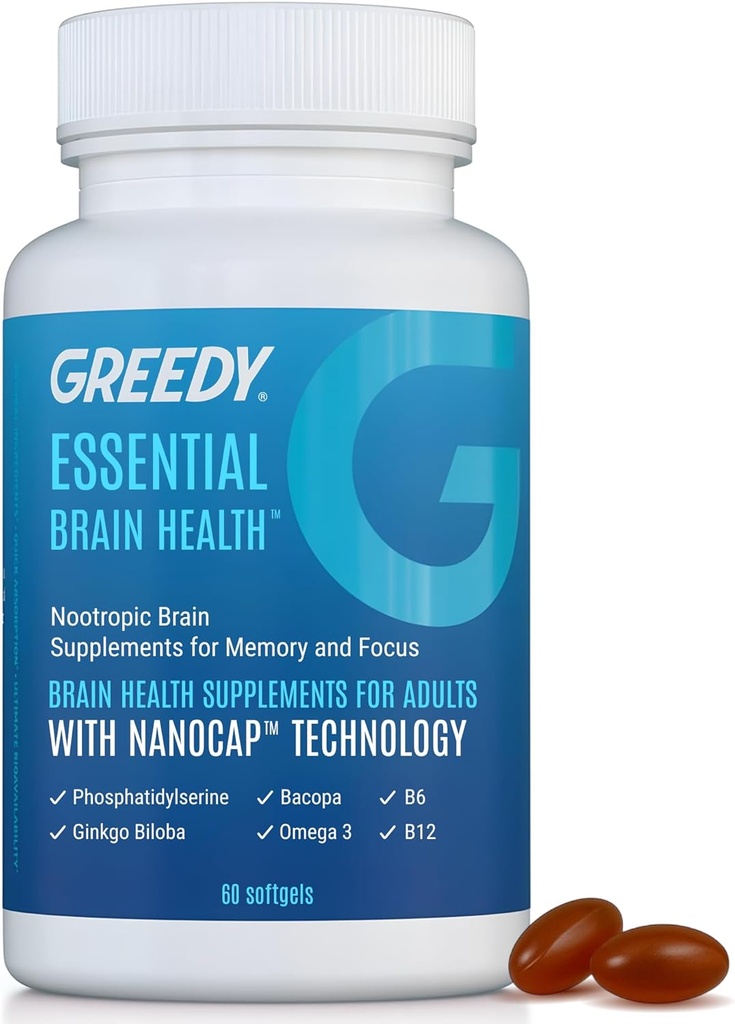 Nootropic Brain Supplements for Memory and Focus – Brain Health Supplements for Yetişkinler with NanoCap® Technology, Phosphatidylserine, Bacopa, Ginkgo Biloba, Omega 3, B6 B12, 60 Softgels by Greedy®