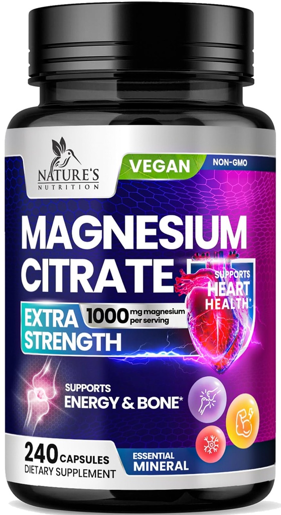 Magnezyum Citrate Supplement Pills 1000 mg - 3X Güçlü Magnezyum Kemik, Kas, Kalp, Doğa Erkekler ve Kadınlar için Uyku Desteği, Vegan Mag Mineral, ABD'de Şişelenmiş 240 Capsules