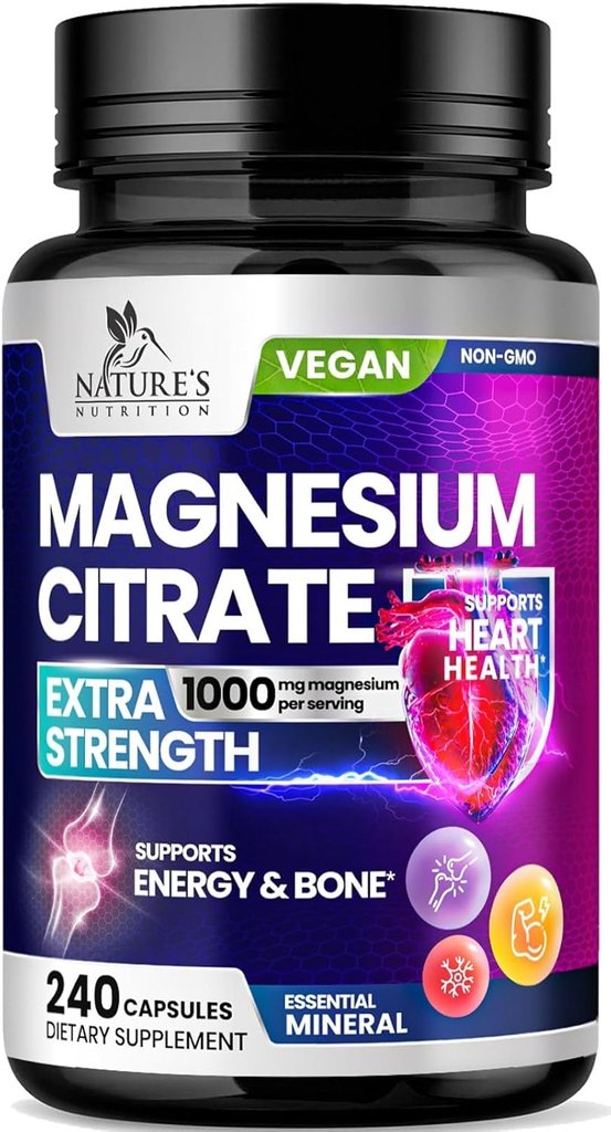 Magnezyum Citrate Supplement Pills 1000 mg - 3X Güçlü Magnezyum Kemik, Kas, Kalp, Doğa Erkekler ve Kadınlar için Uyku Desteği, Vegan Mag Mineral, ABD'de Şişelenmiş 240 Capsules