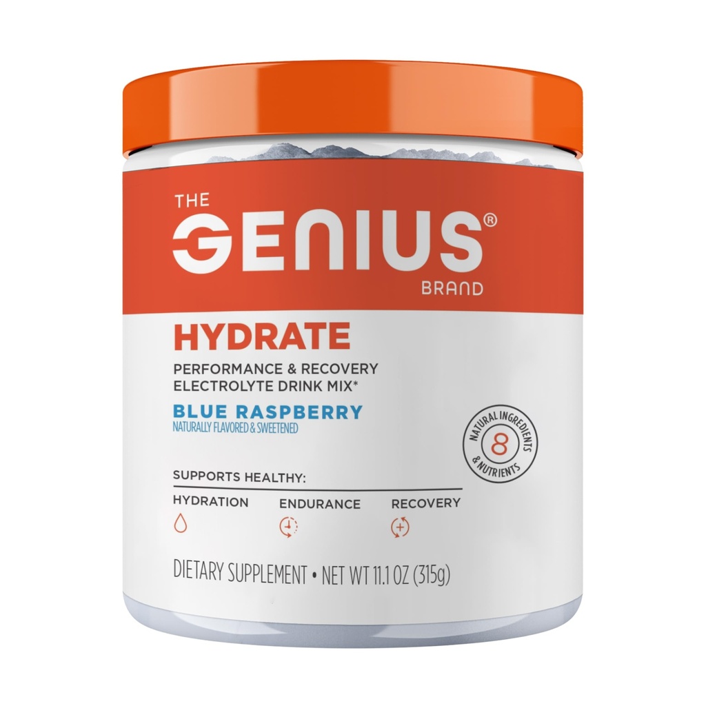 The Genius Brand Genius Hydrate - Electrolyte Supplement for Daily Hydration - Coconut Water - Sugar-Free - 8 Essential Minerals & Nutrients - Non-GMO - Blue Raspberry - 50 Servings