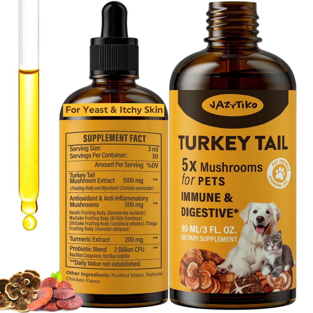 Turkey Tail Mushroom for Dogs - Γρηγορότερη απορρόφηση 2000mg Turkey Tail Mushroom for Immune & Digestive, Joint, Energy, 5X Mushrooms for Pet Drop with Turmeric & Probiotic - Vet Formulated, 90 ML/3FL.oz
