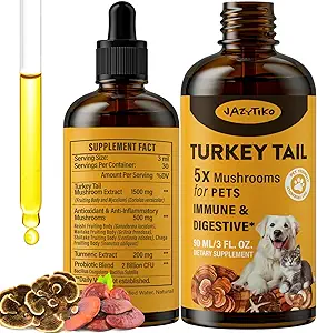Turkey Tail Mushroom for Dogs - Γρηγορότερη απορρόφηση 2000mg Turkey Tail Mushroom for Immune & Digestive, Joint, Energy, 5X Mushrooms for Pet Drop with Turmeric & Probiotic - Vet Formulated, 90 ML/3FL.oz