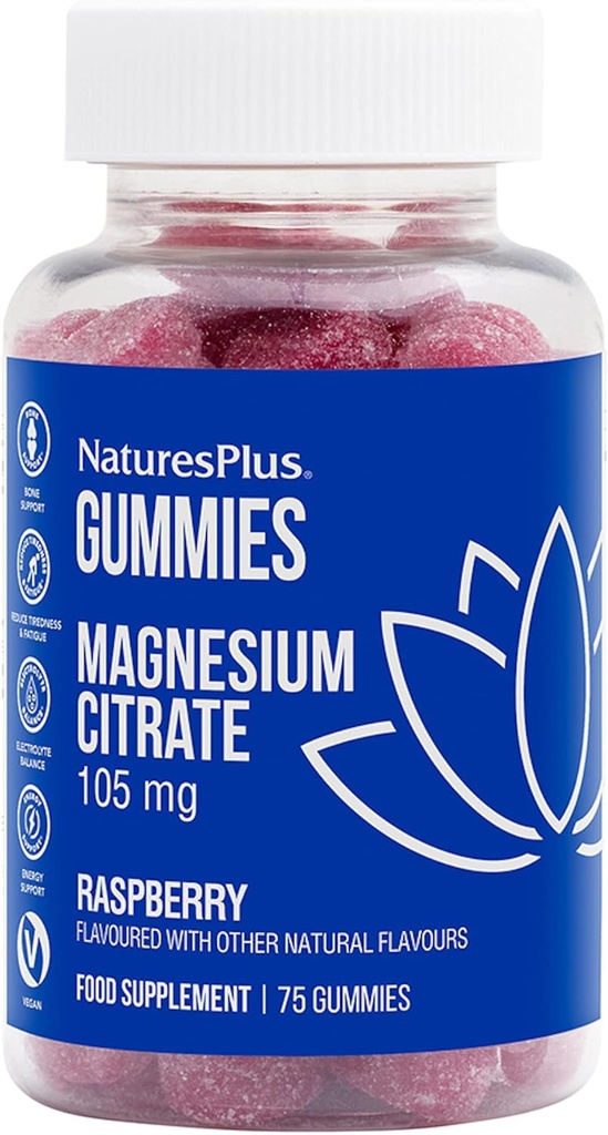 NaturesPlus Gummies Magnesium Citrate - 75 Gummies, Raspberry - Helps Calm The Mind & Body, Supports Bone Density - Vegetarian, Gluten Free, Non-GMO - 25 Servings