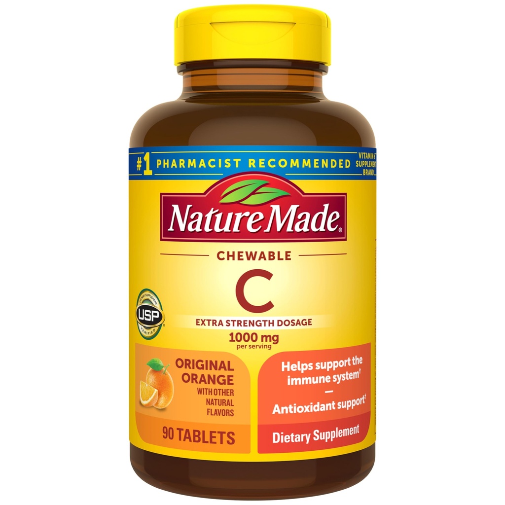 Nature Made Extra Strength Dosage Chewable Vitamin C 1000 mg per serve, Diyetsel Supplement for Immune Support, 90 Tablet, 45 Gün Supply