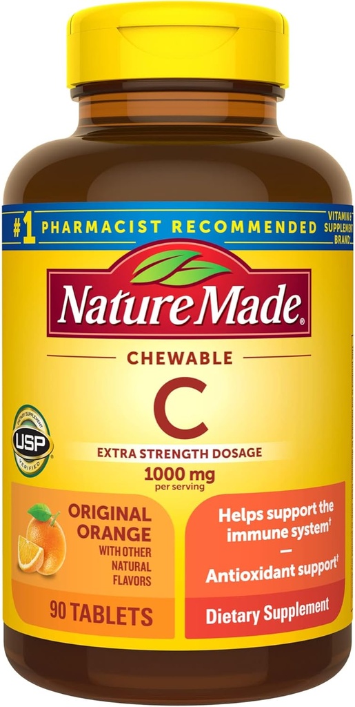 Nature Made Extra Strength Dosage Chewable Vitamin C 1000 mg per serve, Diyetsel Supplement for Immune Support, 90 Tablet, 45 Gün Supply