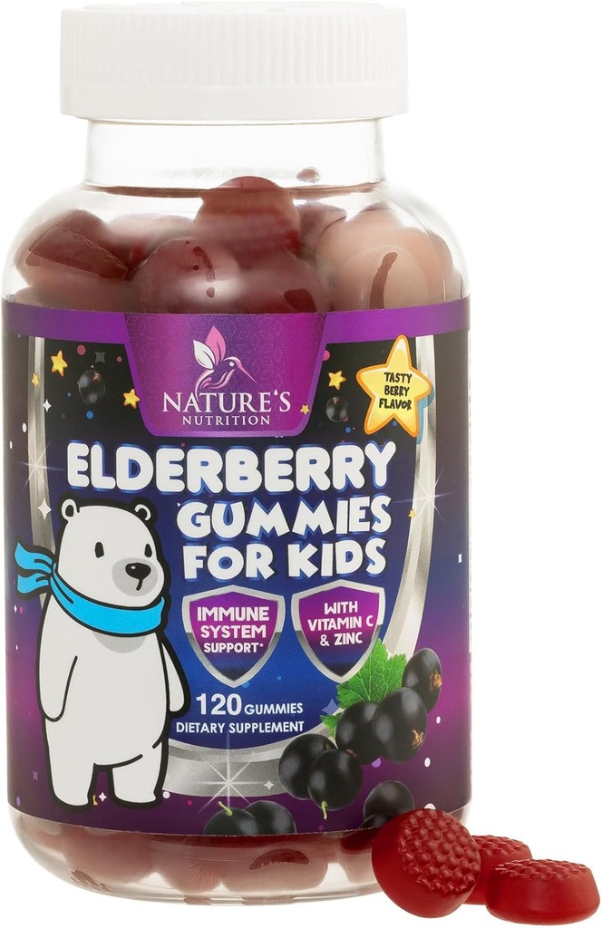 Çocuklar Immune Support Elderberry Gummies - Daily Children's Vitamins C, çinko & Kids Immunity Support Gummy - Nature's Sambucus Elderberry Supplement, Vegan, Gluten-Free, Tasty Berry Flavor - 120 Gummies