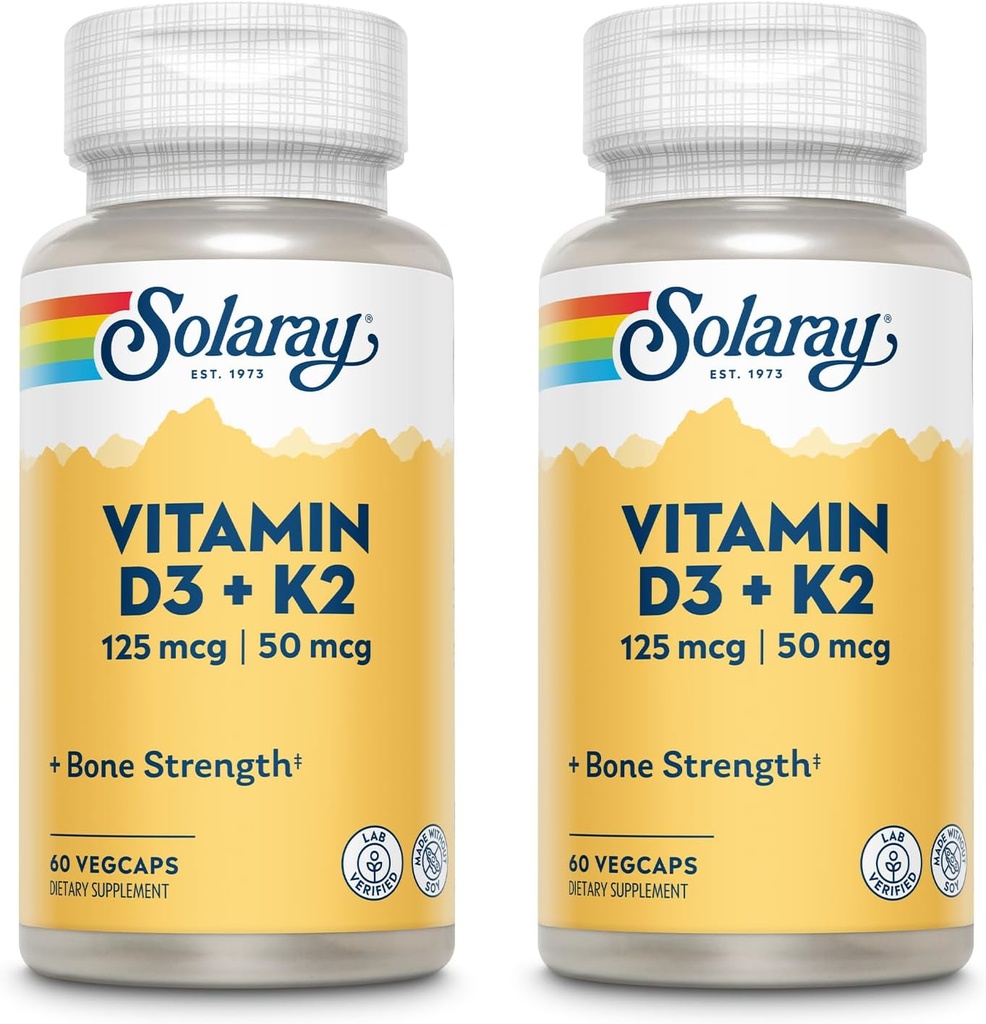 SOLARAY Βιταμίνη D3 + K2, D & K Βιταμίνες για Απορρόφηση Ασβεστίου και Υποστήριξη Υγιούς Καρδιαγγειακού Συστήματος & Αρτηριών, Μη ΓΤΟ & Χωρίς Σόγια