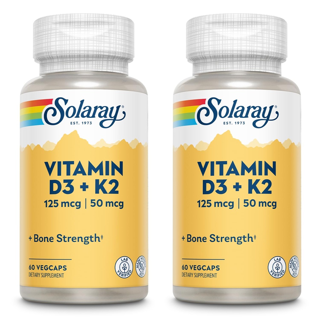 SOLARAY Βιταμίνη D3 + K2, D & K Βιταμίνες για Απορρόφηση Ασβεστίου και Υποστήριξη Υγιούς Καρδιαγγειακού Συστήματος & Αρτηριών, Μη ΓΤΟ & Χωρίς Σόγια