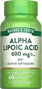 Nature's Truth Alpha Lipoic Acid 600mg | plus Biotin Optimizer | 60 Capsules | Non-GMO & Gluten Free Supplement