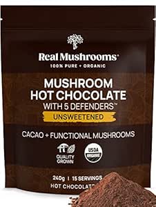 Real Mushrooms Unsweetened Hot Chocolate Mix with 5 Defenders – Reishi, Chaga, Türkiye Tail, Maitake, Shiitake – Coco Toz Unsweetened – Organik Cacao Toz Supplement, Vegan, 15 Hizmet