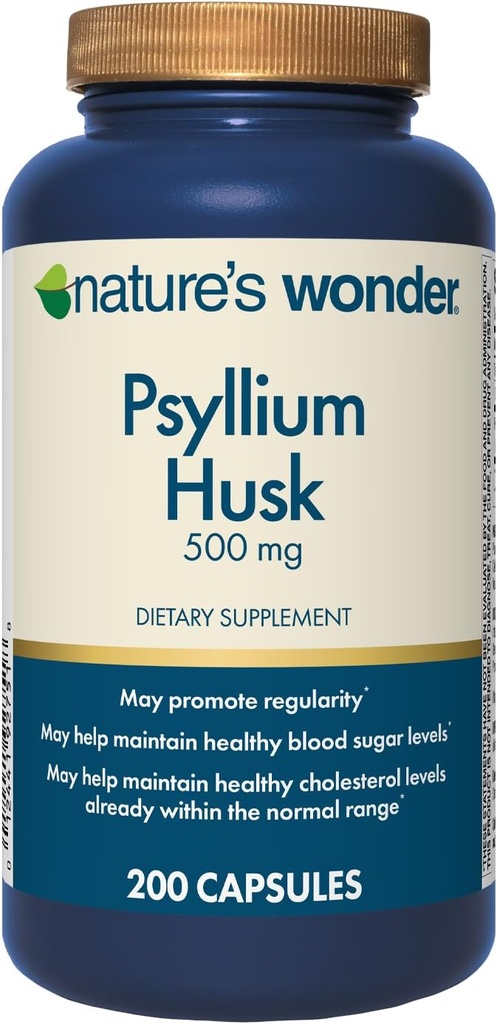Nature's Wonder Psyllium Husk 500 mg Κάψουλες για Digestive Health, Plant-based Fiber, 200 Count