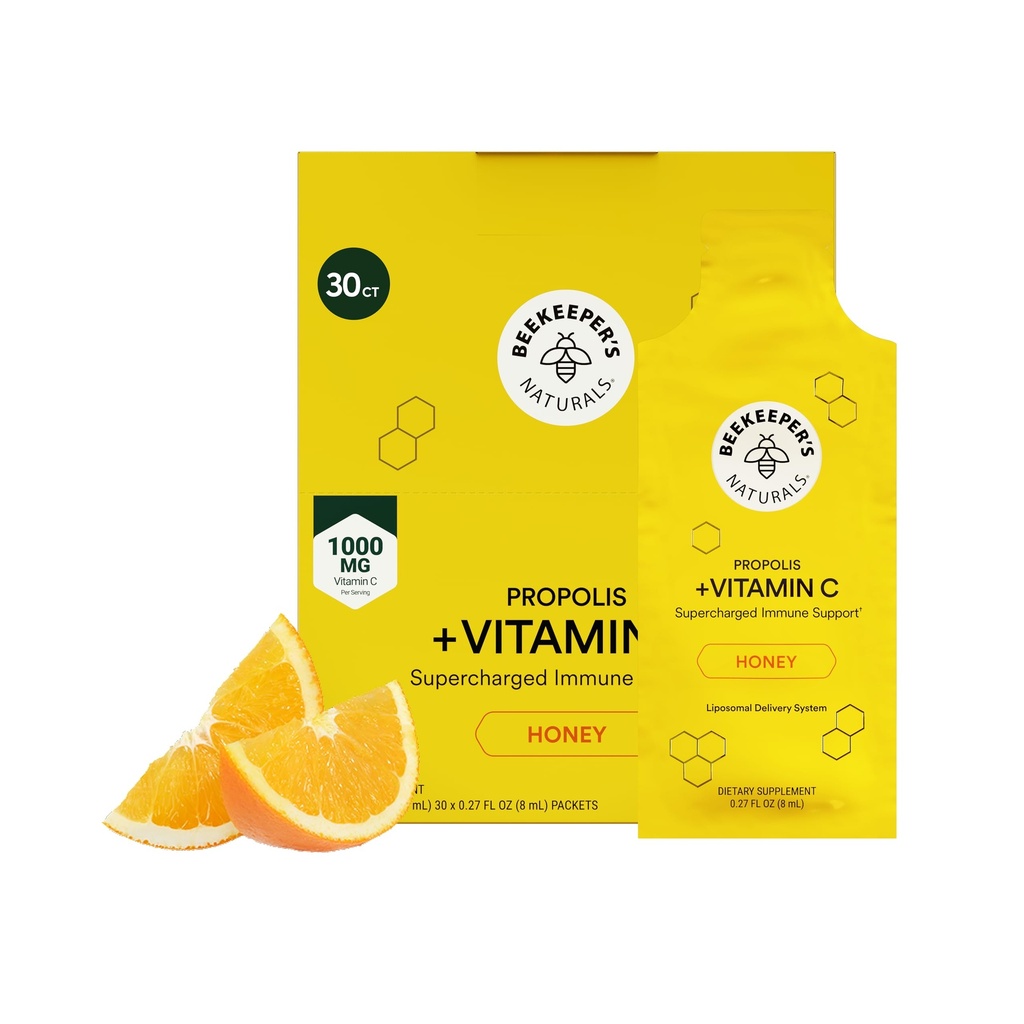 Propolis Liposomal Vitamin C by Beekeeper's Naturals, 1000mg Vitamin C, Propolis & Organic Honey, Supercharged ανοσοποιητική υποστήριξη & αυξημένη βιοαπορρόφηση, 30 Ct