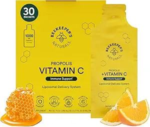 Propolis Liposomal Vitamin C Tarafından Beekeeper's Naturals, 1000 mg C, Propolis & Organik Honey, Supercharged Immune Support & Artan Bioavailibity for Max Abxia, 30 Ct