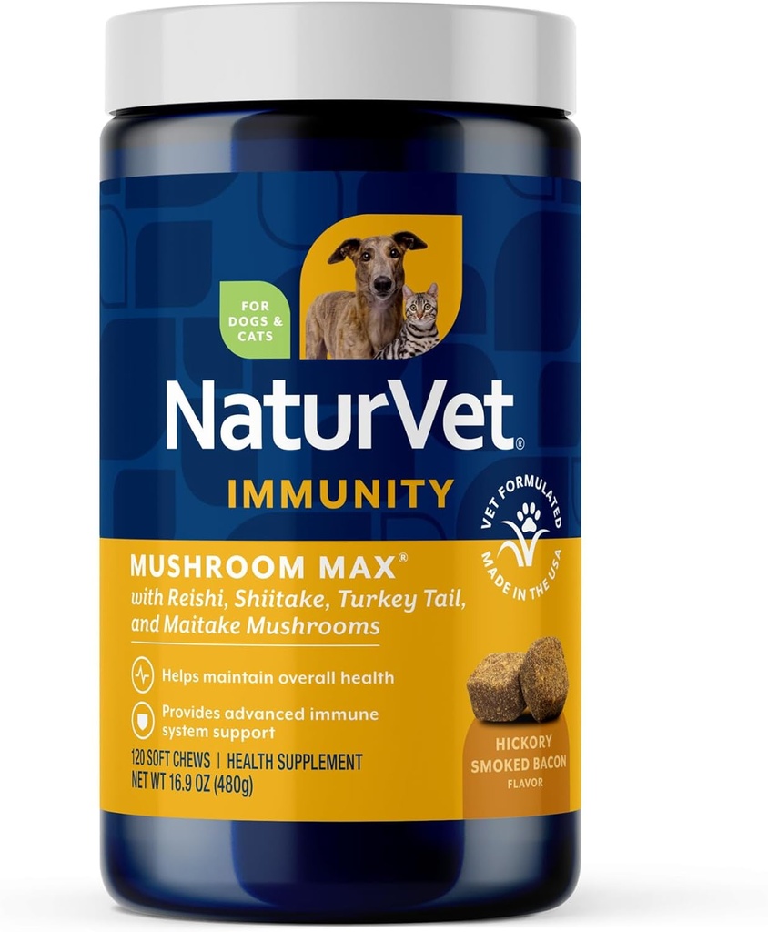 NaturVet Mushroom Max Advanced Immune Support Dog Supplement – Immunity, General Health for Dogs – Shitake Mushrooms, Reishi, Türkiye Tail – 120 Ct.