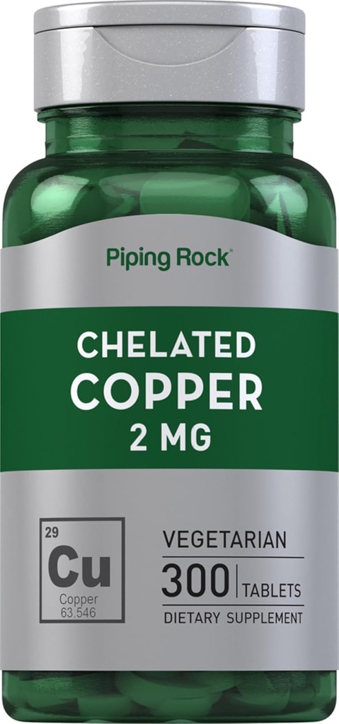 Piping Rock Chelated Copper 2 mg Supplement | 300 Tabletler | Vejetary, Non-GMO, Gluten Free