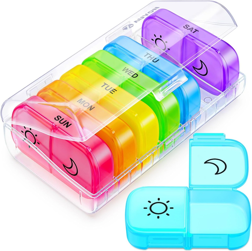 AUVON XL Weekly Pill Organizer 2 Times a Day with LargeOpen for Easy fill, AM PM Pill Box 7 Day in Rainbow Colors, Portatif Seyahat Pill Case for Drug, Vitamins, Fish Oils, Supplements