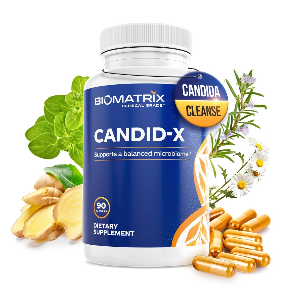 BioMatrix Candid-X Gut Cleanse with Berberine, Oregano, sodyum Caprylate, Chamomile, Ginger, PAU D'arco, Digestive Supplement for Men and Women | 90 Capsules