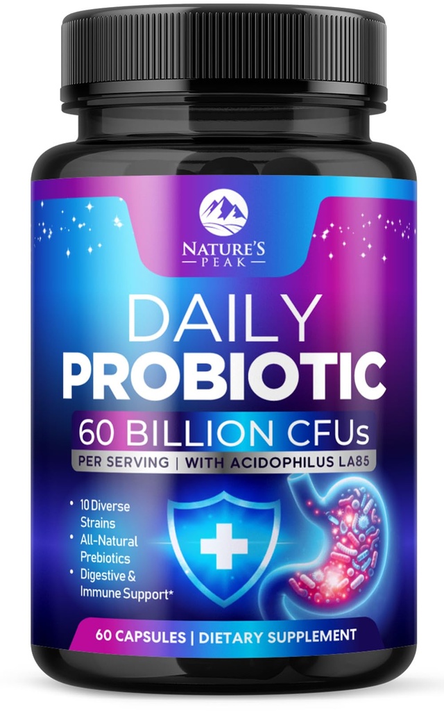 Probiyotikler 60 Milyar CFU - 10 Strains + Digestive Enzymes & Prebiyotiks - Kadınlar ve Erkekler için En İyi Probiyotik, Destekler Immune, Gut Health, Occasional Constipation, Diarrhea, Gas & Bloating - 60 Capsules