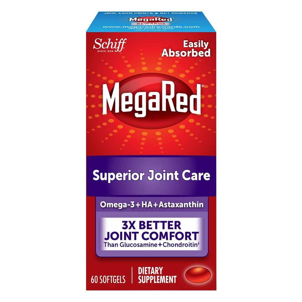 MegaRed Omega-3 Krill Oil and Joint Supplement 353mg, Joint Care Softgels (60 Count in A Box) - EPA/DHA Fatty acids, Antioxidants, Hyaluronic Acid, No Fishy Burp Aftertaste as with Fish Oil