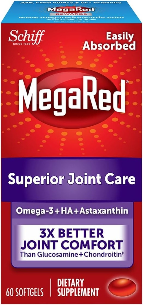 Omega-3 Krill Oil and Joint Supplement - Megared Joint Care 60 softgels - EPA/DHA fatty acids, Antioxidants, Hyaluronic acid, No fishy burp aftertaste as with Fish Oil