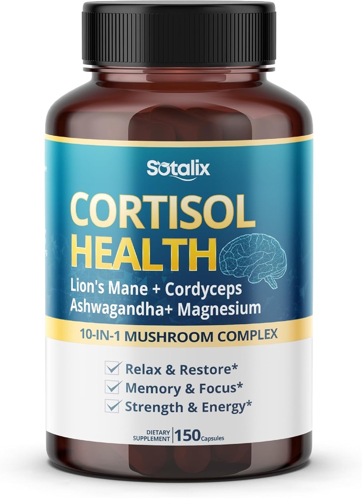 Cortisol Health Supplement with Magnezyum, Ashwagandha, Lion's Mane & 10 Mushroom Kompleksi - Rahatlama, Focus & Enerji Desteği - 150 Capsules - Sotalix - ABD Made, GMO-Freeix