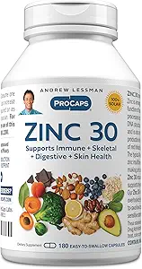 ANDREW LESSMAN Zinc 30mg - 180 Capsules - Highly absorbable Zinc Citrate. Supports Immune, Skeletal, Digestive and Skin Health. Small Easy to Swallow Capsules. No Additives