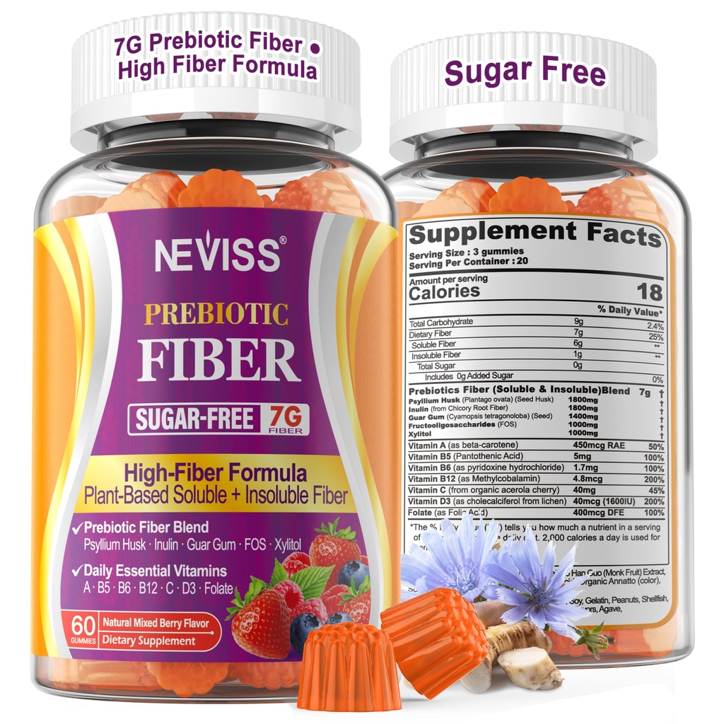 Psyllium Husk ile Yetişkinler için 1Pack Fiber Gummies, 7G (Soluble + Inulin, FOS, Guar Gum, Daily Digestive Health, Regularity Gut Support,Sugar Free