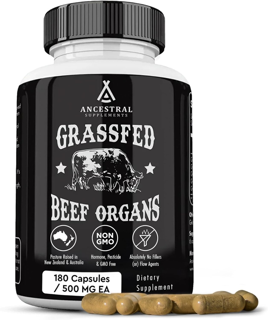 Ancestral Supplements Grass Fed Beef Organ Supplement, Liver, Heart, Kidney, Pancreas, Spleen, Freeze-Dried Beef, Non-GMO, 180 Capsules