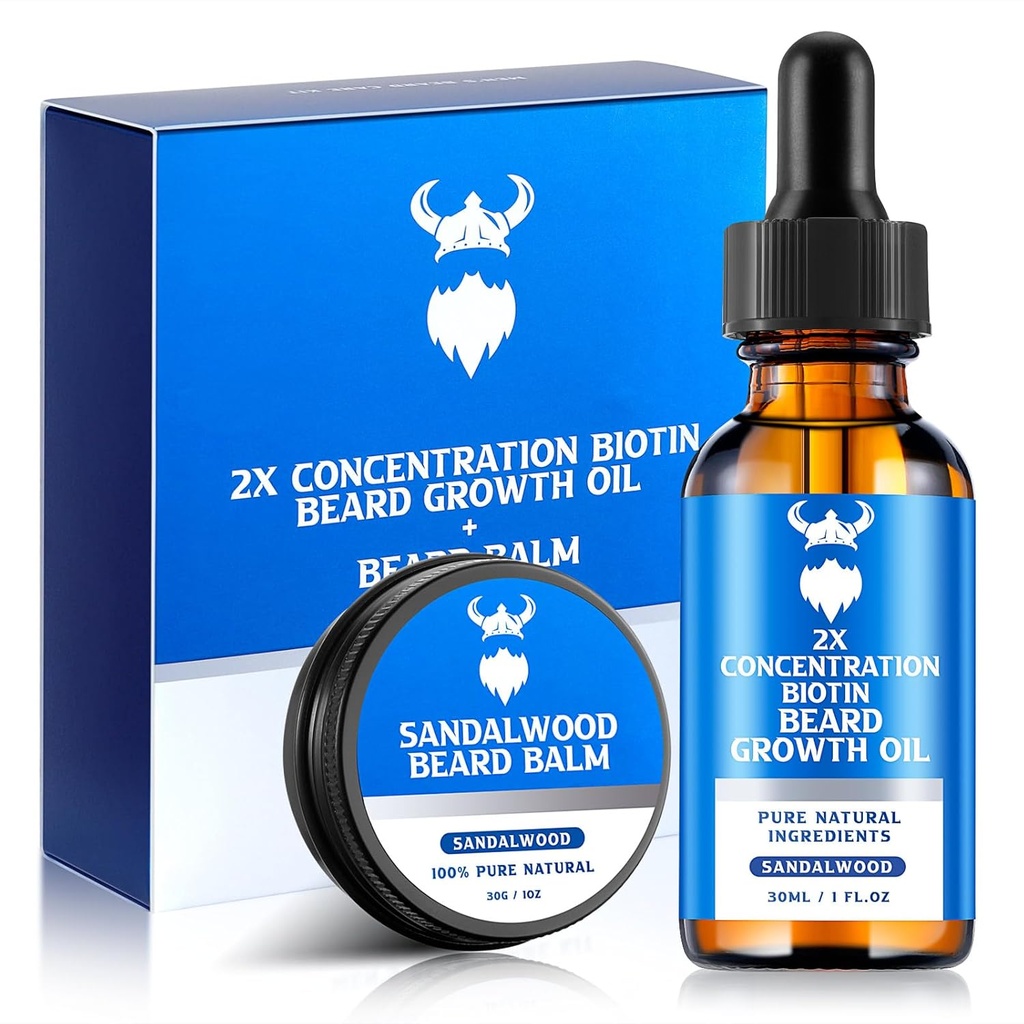Γενετικό Έλαιο Ανάπτυξης & Beard Balm - Γενετική Κιτ Ανάπτυξης με 2X Βιοτίνη Συγκέντρωση για τους άνδρες, φυσικά συστατικά με Argan Oil, Jojoba Oil και Βιταμίνη (Sandalwood)