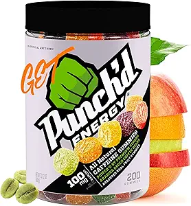 Punch'd Energy Natural Caffeine Gummies (200 Count Value Jar) 100mg καφεΐνη ανά 10 Gummies, Καθαρή ετικέτα, Ultra Low Glycemic, Χαμηλή θερμίδα, Βιταμίνη C