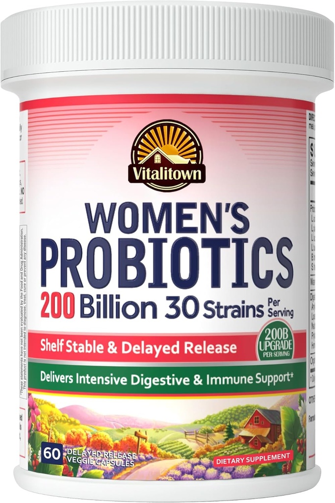 Vitalitown Women's Probiyotiks | 200 Milyar CFUs 30 Strains | 60 ct | Raf Stable, Acid Dayanıklı | Replenish Good Bakteri, Yoğun Digestive & Vaginal Support | Vegan, Non-GMO