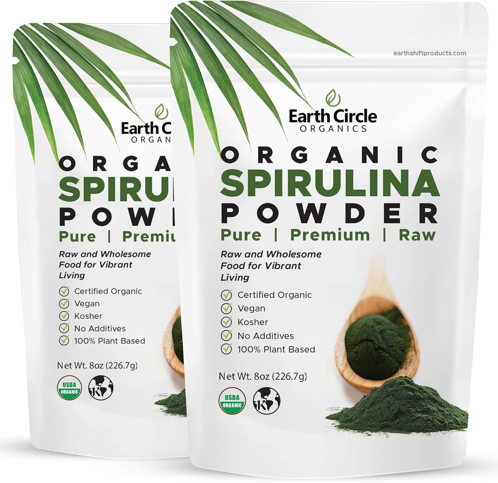 Earth Circle Organics Spirulina Toz, Kosher, Raw ve Non-Irradiated | Pure Vegan protein | Premium Energy Superfood, Yüksek in Amino Asits ve Antioksis - (8oz - 2Pack)