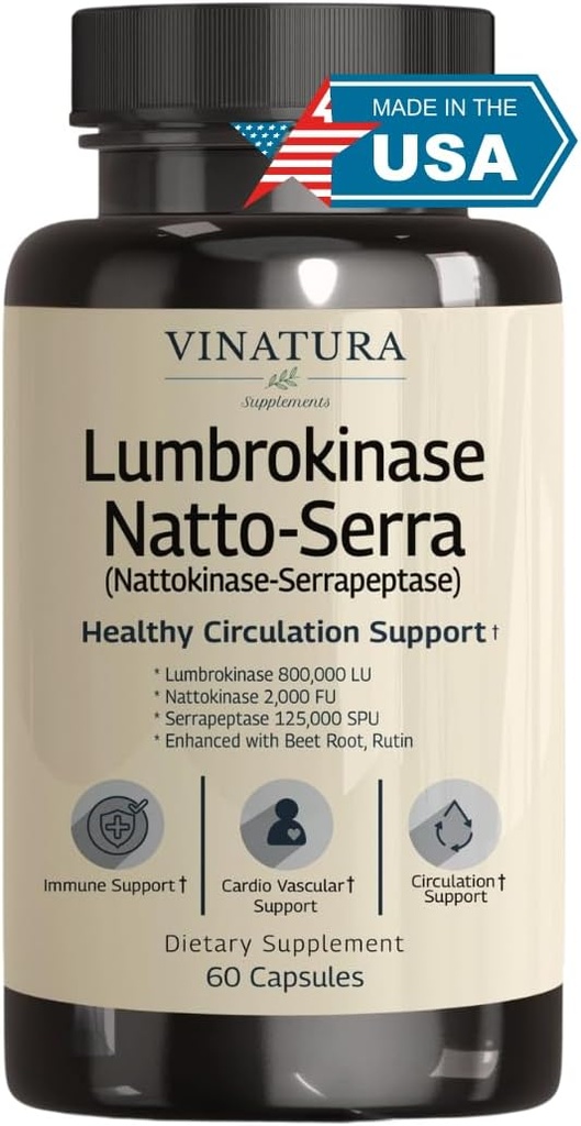 VINATURA Lumbrokinase, Nattokinase 2000FU & Serrapeptase - ABD Made & Tested, Circulation Supplements of Nattokinase Serrapeptase (Natto-Serra), rutin, Beetroot, Lumbrokinase Supplement