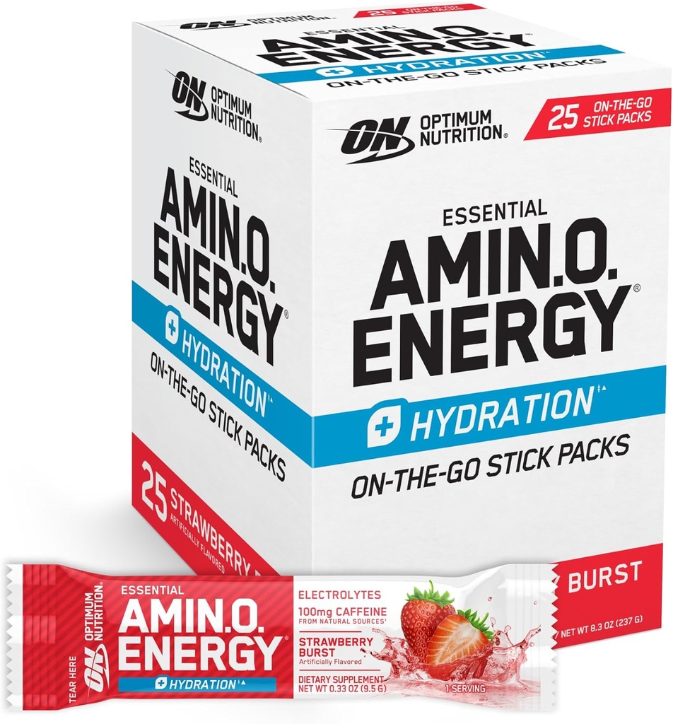 Optimum Beslenme Amino Enerji Plus Hydration Packets, On-Go Energy Toz Çelik Paketleri, Strawberry Burst, 25 Count
