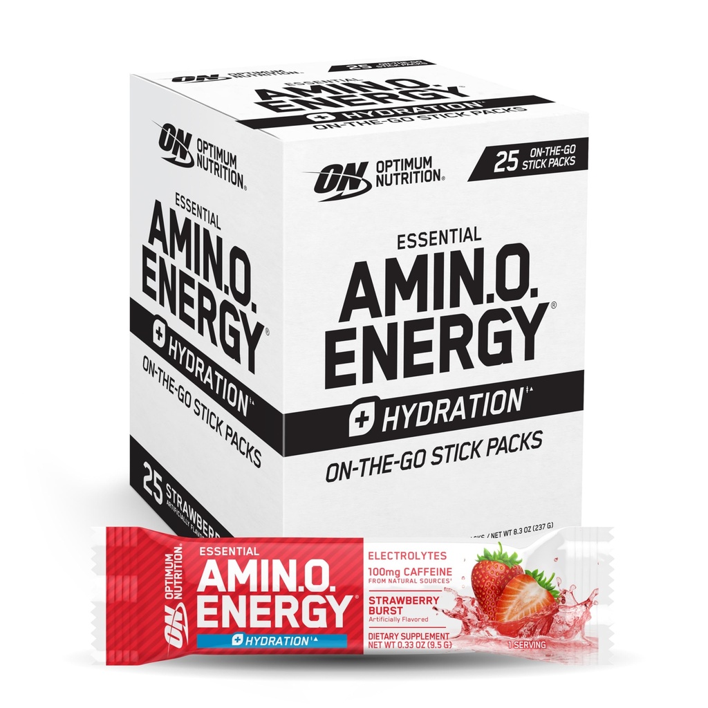 Optimum Beslenme Amino Enerji Plus Hydration Packets, On-Go Energy Toz Çelik Paketleri, Strawberry Burst, 25 Count